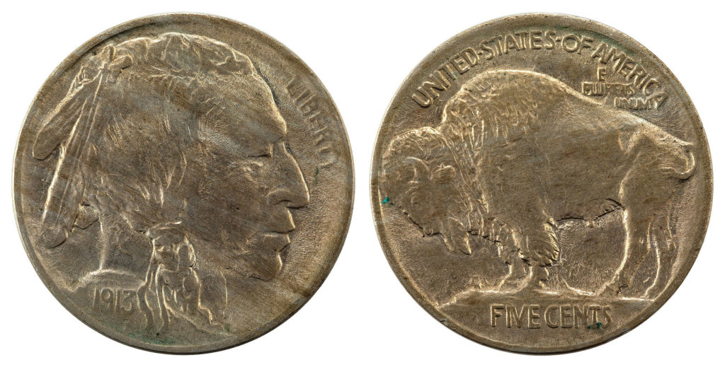 The two sides of the American buffalo nickel. The 1913 dated  coin  includes the portrait of an American indigenous person with braids and feathers. On the reverse an American Buffalo.