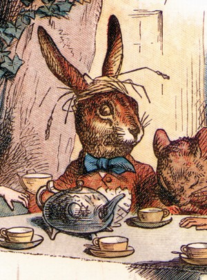 A fine colour cartoon drawing of a brown hare wearing a garland of straw, brown jacket and blue tie. The hare sits at a table with teapot and tea cups. A mouse sits beside the hare. It's a tea party.