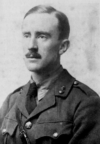 Portrait of soldier and author John Tolkien. He wears an officers tunic with Sam Browne belt.