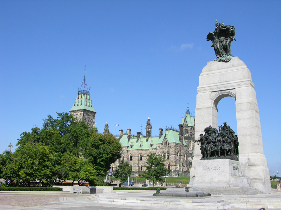 View of war memorial in front of Parliament buildings in Ottawa, Ontario Canada