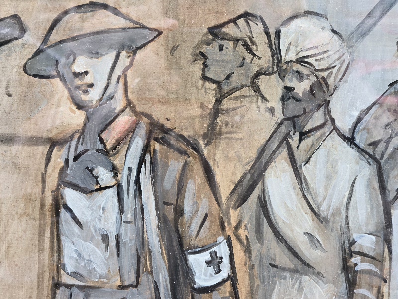 Soldiers illustration along the Menenstraat, Ypres.